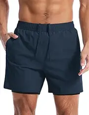 [Sazeky] Men's 2 in 1 Running Shorts 5'' Gym Athletic Shorts with Zipper Pockets Quick Dry Tennis Training Workout Shorts