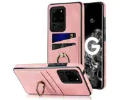 Full Protection Cover for Samsung Galaxy S20 Ultra, 2 Cards PU Leather Case with Ring Holder - Pink