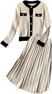 [keusyoi] Women's Knitted 2 Piece Set Office Ladies Single Breasted Cardigan Sweater + Pleated Knee-Length Skirt Suits