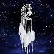 Dream Catcher Handmade Moon Design with Feathers Dreamcatcher Wall Hanging Home Decoration Ornament Christmas Festival Craft for Bedroom Living Room Outdoor(White Moon)