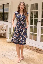 Maggie Navy/Red/Brown Floral Midi Dress