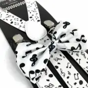 Suspender and Bow Tie Adults Men White Black Music Notes Formal Wear Accessories