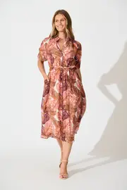 Cici Midi Dress Short Sleeve in Brown Rust Leaf Print 8
