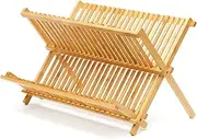 Usinynia Bamboo Dish Drying Rack, 2 Tiers 20 Slots Collapsible Dish Drainer, Foldable Dish Rack Bamboo Plate Rack for Kitchen Counter