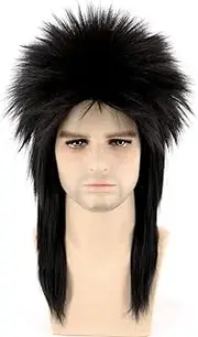 Topcosplay Men's Mullet Wig, Black 70s 80s Proll Wig Party Halloween Costume Rocker Wig
