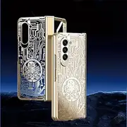 [HORRON] Electroplated Mechanical Phone Case for Samsung Galaxy Z Fold 5 Fold5 Hinge Protection Hard Clear Cover,Gloden,for Galaxy Z Fold5