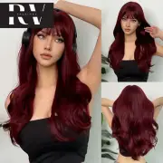 Long Wavy Wine Red Synthetic Wigs Bangs for Women Burgundy Red Body Wave Hair