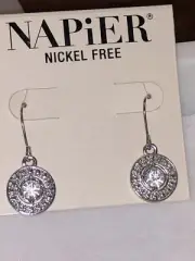 Vintage New Napier Drop Round Pendant Silver Clear Crystal Pierced Earrings