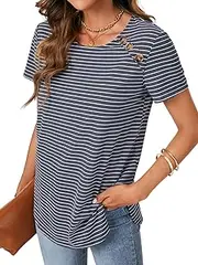 [LYANER] Women's Summer Striped T Shirts Short Sleeve Round Neck Loose Side Split Tunic Tops
