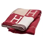HERMES 經典AVALON系列H LOGO格紋車線滾邊大毛毯(淺米/紅色)