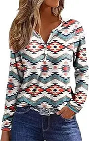 [Bellelily] Womens Long Sleeve T Shirts Aztec Cow Print Western Henley Tops Ladies Graphic Tees Casual V Neck Loose Fit Blouse