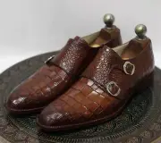 Men's Handmade Brown Crocodile Textured Leather Double Monk Buckle Dress Shoes