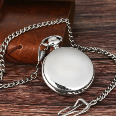 Men's Vintage Pocket Watch Silver Chain Smooth Case Fob Watches Wedding Gifts