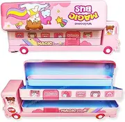 Metal Double Decker Bus Shaped Pencil Box with 3 Compartments and Moving Tyres - Pink (Toys & Games)