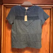 Sundance Imogene Blue Embroidered Lace Cotton Top NWT - Petite XXS