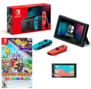 NEW Nintendo Neon Switch Console Bundle + Paper Mario + Screen Protector