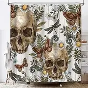 Lacoiime Gothic Shower Curtains, Daisy Skull Shower Curtain Spooky Rustic Wooden Moth Shower Curtain for Bathroom Decor with 12 Hooks
