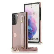 PU Leather Coated TPU Shell Case + Card Slots Hand Strap Kickstand for Samsung Galaxy S21 5G/4G