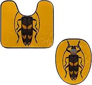 Toilet Lid Cover and U-Shaped Toilet Floor Mat Set of 2 Pieces, Insect in The Yellow Background Toilet Mat Set, Machine Washable Seat Covers Non-Slip Absorbent Rugs