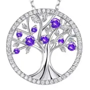 Necklace Pendant Tree of Life Violet & Clear Crystals Silver Tone on 17" Chain