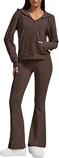 [ZFLM] Casual Workout Two Piece Outfits for Women Zip Up Hoodies High Waist Foldover Flare Pants Tracksuit Sets Streetwear
