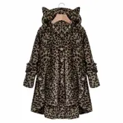 Nevenka Cat Ear Hoodies Jacket Casual Fleece Warm Coat-Dark Leopard