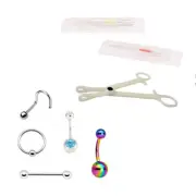 Body Piercing Kit 8 Piece Belly /Tongue/ Nipple and Nose with Cannula Needles.