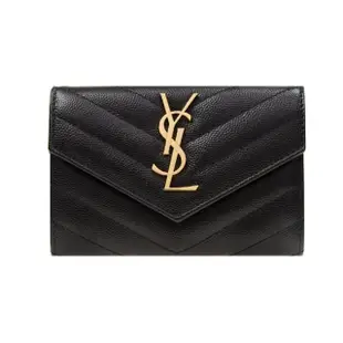 【YSL】MONOGRAM系列V字縫線魚子醬牛皮卡片/零錢夾(黑/金)