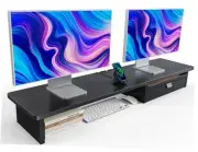 Large Dual Monitor Stand with Drawer, Wood Monitor Stand Riser for 2 Monitors