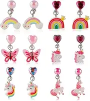 [Mikovivi] 6 Pairs Clip On Earrings for Girls, Rainbow Unicorn Ear Clips Non-Pierced Earrings for Kids Princess Dress-Up Party Jewelry Accessories, Medium, Resin, No Gemstone