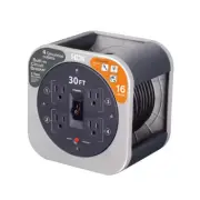 30 Ft. 16/3 Extension Cord Reel w 4 Grounded Outlets and Surge Protector in Gray