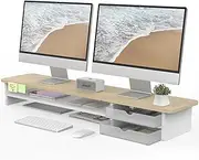 Fenge Dual Monitor Stand Riser with Drawers,2 Tier Wood & Acrylic Desktop Organizer for Computer, Laptop, Printer, TV Screen Riser,Oak