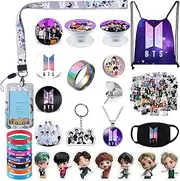 [eTel Like] BTS Gifts Set, Including Drawstring Bag Backpack, Necklace, Earrings, Rings, Bracelets, Face M-asks, Button Pins, Lanyard ID Holder, Keychain, Phone Ring Holder, Stickers, Medium, Stainless