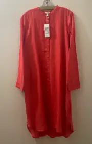 278 Eileen Fisher Red Lory Organic Handkerchief Linen Mandarin Collar Dress M L
