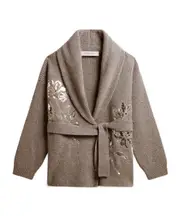 Women's cardigan in gray melange wool with embroidery on the front XS gray mixed color