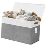 Large Toy Storage Box with Lids, Collapsible Sturdy Baby Storage Gray and White