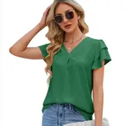 Nevenka Womens Ruffle Short Sleeve Chiffon Blouses V Neck Solid Color Casual Top-Green