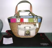 NWT Coach 10749 Large Nov Stripe Straw Basket Tote Gold Trim Turnlock Pocket