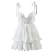 Tie-Shoulder Plain Shirred Mini A-Line Layered Dress White - S