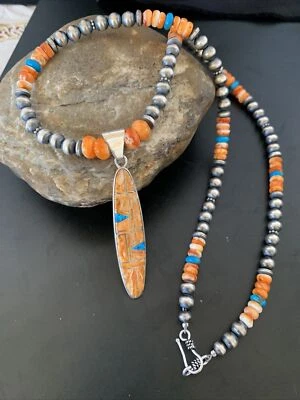 Spiny Oyster & Opal Pendant Sterling Silver Beads Necklace 11384