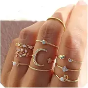[Uarein] Boho Gold Stacking Rings for Women Teen Girls, Knuckle Stackable Star Moon Flower Joint Finger Rings Set