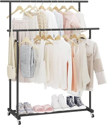 Double Rod Clothing Garment Rack Rolling Hanging Clothes Rack Portable Clothes O
