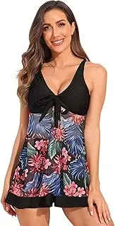 [Hill & Sea] Women Swimsuit Two-Piece Bathing Suits Mesh Flowy Swimdress Sexy Tummy Control Tankini Tops Swimwear with Boyshorts(Black,S)