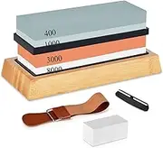 Ausmason Sharpening Stone Set, 400/1000 & 3000/8000 Grit, Non-Slip Bamboo Base, Angle Guide, Leather Strop, Black, Knife Sharpening Kit