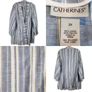 Catherines Womens Blazer Open Front Jacket Size 2X Linen Blend Blue White New