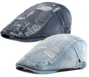 2 Pack Mens Denim Cotton Newsboy Cap Ivy Gatsby Driving Hunting Cabbie Hats (D)