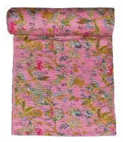 Elegant Kantha Hand Block Print Bedspread Floral Art Design King Size Blanket