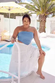 Blue Crop Top Strapless Linen Blend