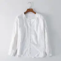 在飛比找momo購物網優惠-【米蘭精品】亞麻襯衫長袖上衣(簡約時尚圓領男裝74ew42)
