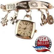 Charm Bracelet with Quartz Watch • Rhinestones Say ‘LOVE’ • Flower Clover Heart